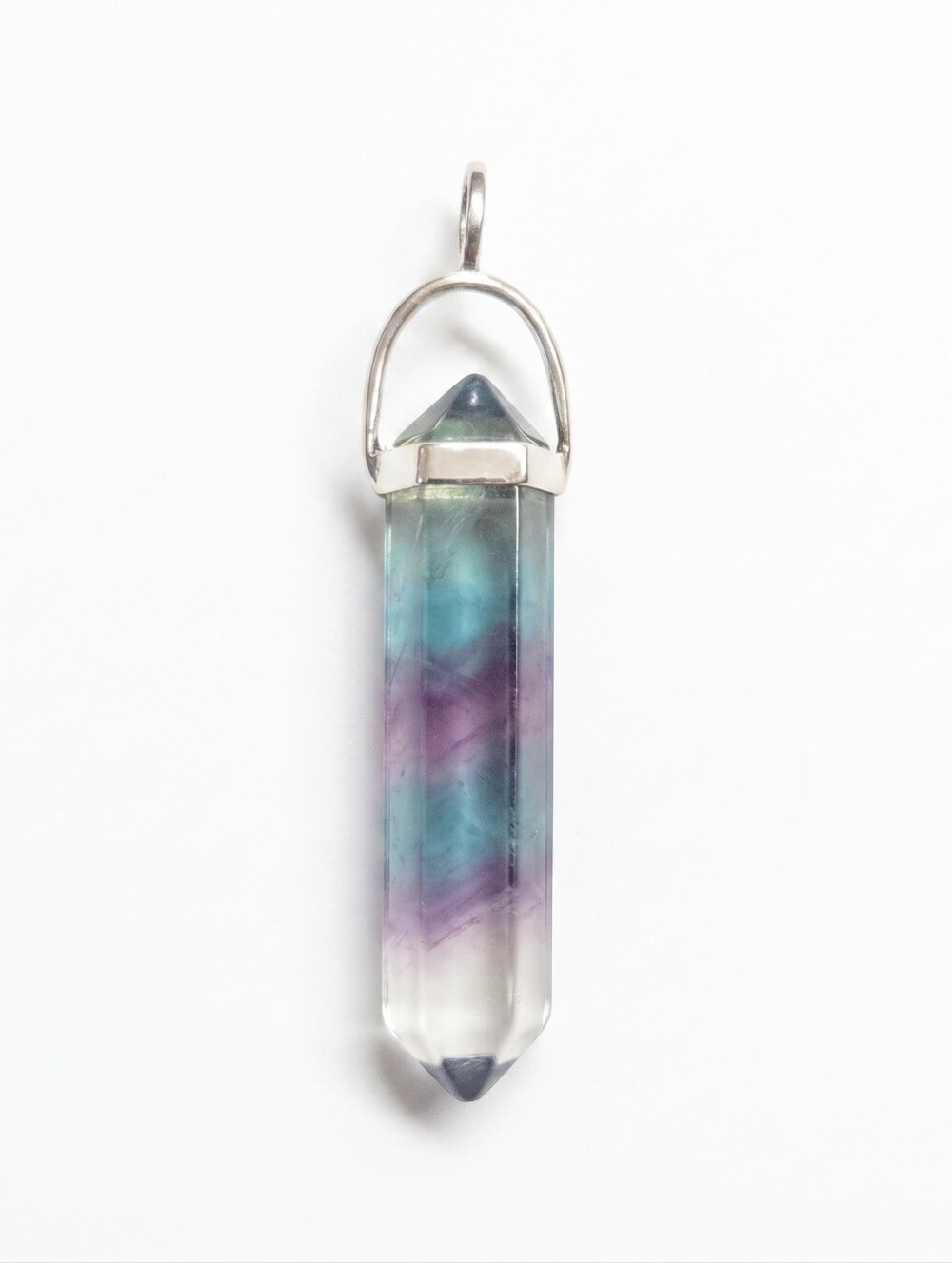 925 Sterling Silver Rainbow Fluorite Crystal Point Pendant Necklace Healing Gem